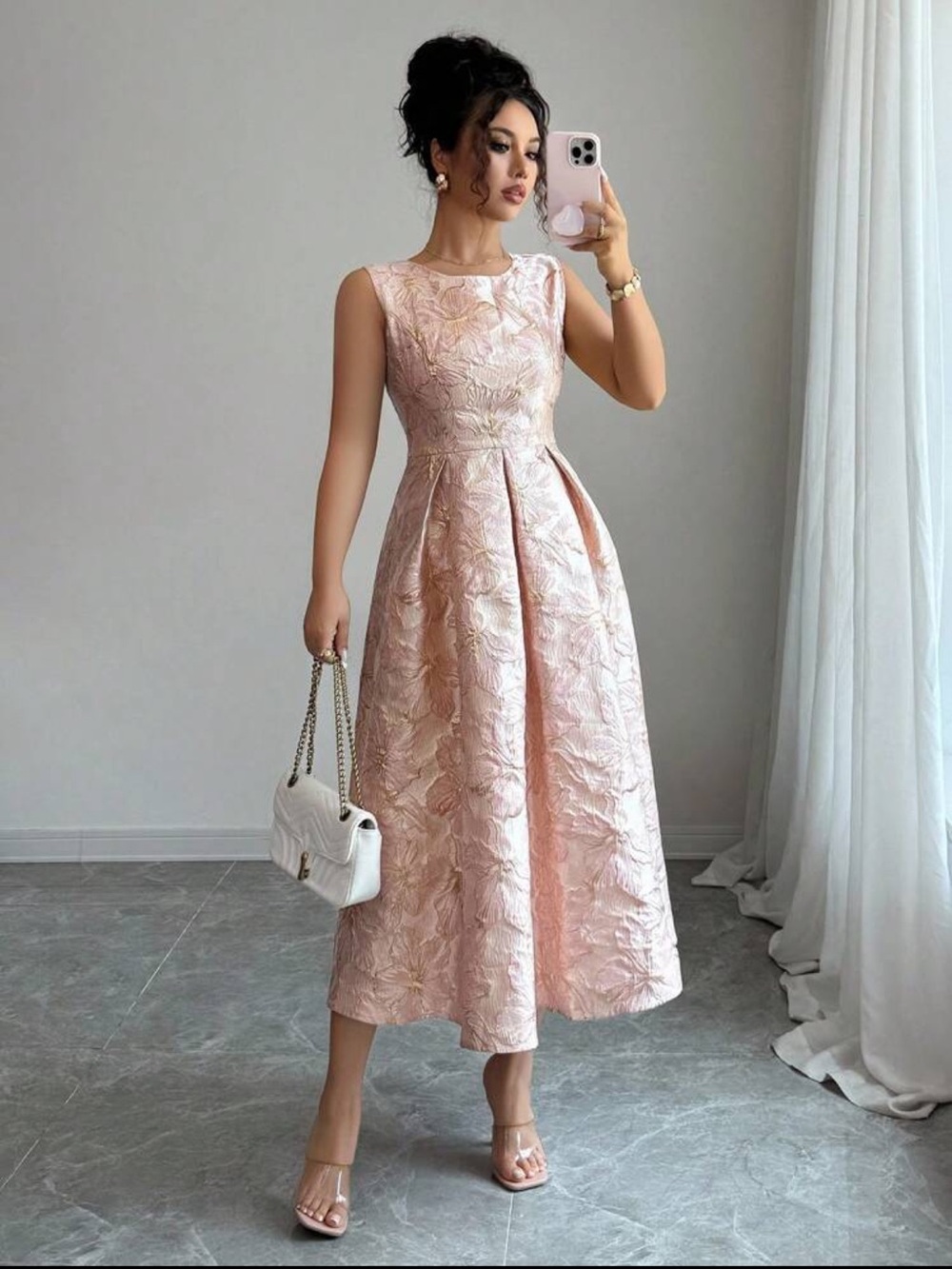 Elegant Pink Jacquard Midi Dress - Sleeveless Fit & Flare